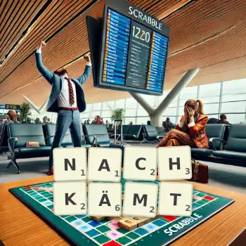 Kreative Illustration für ein Scrabble-Spiel, bei dem das Wort NACHKÄMT mit Steinen auf dem Brett gelegt wurde.
