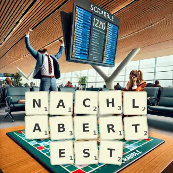 Kreative Illustration für ein Scrabble-Spiel, bei dem das Wort NACHLABERTEST mit Steinen auf dem Brett gelegt wurde.