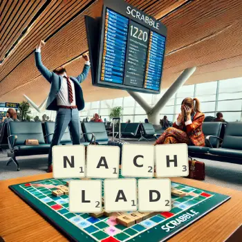Kreative Illustration für ein Scrabble-Spiel, bei dem das Wort NACHLAD mit Steinen auf dem Brett gelegt wurde.
