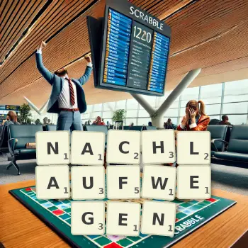 Kreative Illustration für ein Scrabble-Spiel, bei dem das Wort NACHLAUFWEGEN mit Steinen auf dem Brett gelegt wurde.