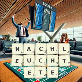 Kreative Illustration für ein Scrabble-Spiel, bei dem das Wort NACHLEUCHTETE mit Steinen auf dem Brett gelegt wurde.