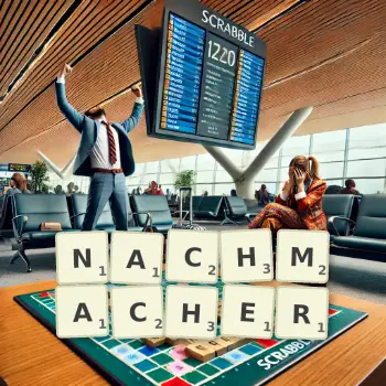 Kreative Illustration für ein Scrabble-Spiel, bei dem das Wort NACHMACHER mit Steinen auf dem Brett gelegt wurde.