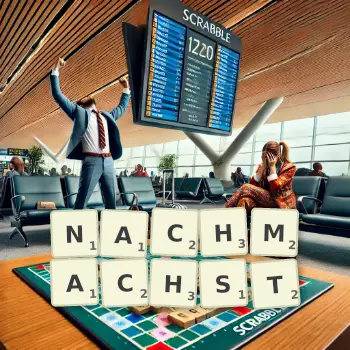 Kreative Illustration für ein Scrabble-Spiel, bei dem das Wort NACHMACHST mit Steinen auf dem Brett gelegt wurde.