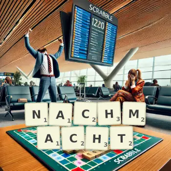 Kreative Illustration für ein Scrabble-Spiel, bei dem das Wort NACHMACHT mit Steinen auf dem Brett gelegt wurde.