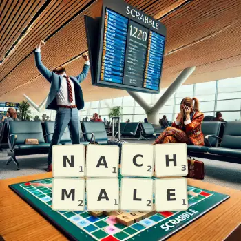 Kreative Illustration für ein Scrabble-Spiel, bei dem das Wort NACHMALE mit Steinen auf dem Brett gelegt wurde.