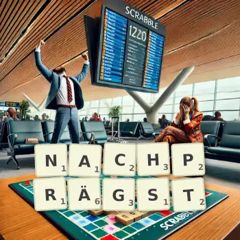 Kreative Illustration für ein Scrabble-Spiel, bei dem das Wort NACHPRÄGST mit Steinen auf dem Brett gelegt wurde.