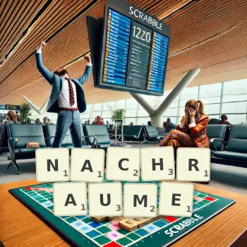 Kreative Illustration für ein Scrabble-Spiel, bei dem das Wort NACHRAUME mit Steinen auf dem Brett gelegt wurde.