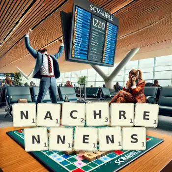 Kreative Illustration für ein Scrabble-Spiel, bei dem das Wort NACHRENNENS mit Steinen auf dem Brett gelegt wurde.