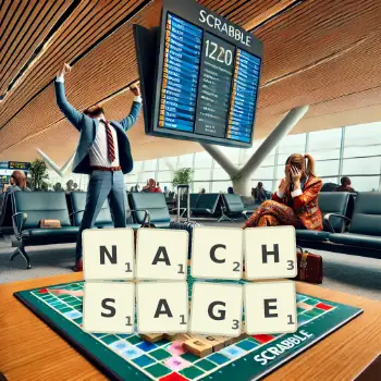 Kreative Illustration für ein Scrabble-Spiel, bei dem das Wort NACHSAGE mit Steinen auf dem Brett gelegt wurde.