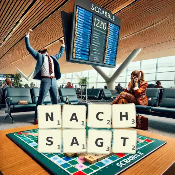 Kreative Illustration für ein Scrabble-Spiel, bei dem das Wort NACHSAGT mit Steinen auf dem Brett gelegt wurde.
