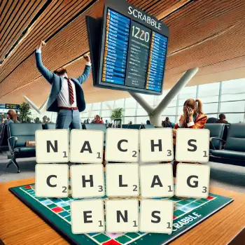 Kreative Illustration für ein Scrabble-Spiel, bei dem das Wort NACHSCHLAGENS mit Steinen auf dem Brett gelegt wurde.