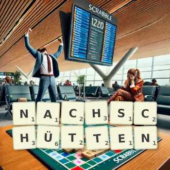 Kreative Illustration für ein Scrabble-Spiel, bei dem das Wort NACHSCHÜTTEN mit Steinen auf dem Brett gelegt wurde.