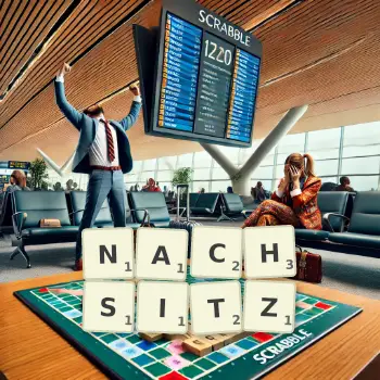 Kreative Illustration für ein Scrabble-Spiel, bei dem das Wort NACHSITZ mit Steinen auf dem Brett gelegt wurde.