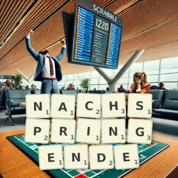 Kreative Illustration für ein Scrabble-Spiel, bei dem das Wort NACHSPRINGENDE mit Steinen auf dem Brett gelegt wurde.