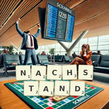 Kreative Illustration für ein Scrabble-Spiel, bei dem das Wort NACHSTAND mit Steinen auf dem Brett gelegt wurde.