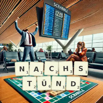 Kreative Illustration für ein Scrabble-Spiel, bei dem das Wort NACHSTÜND mit Steinen auf dem Brett gelegt wurde.