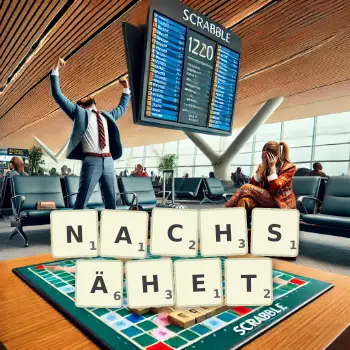 Kreative Illustration für ein Scrabble-Spiel, bei dem das Wort NACHSÄHET mit Steinen auf dem Brett gelegt wurde.