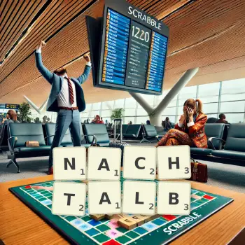 Kreative Illustration für ein Scrabble-Spiel, bei dem das Wort NACHTALB mit Steinen auf dem Brett gelegt wurde.