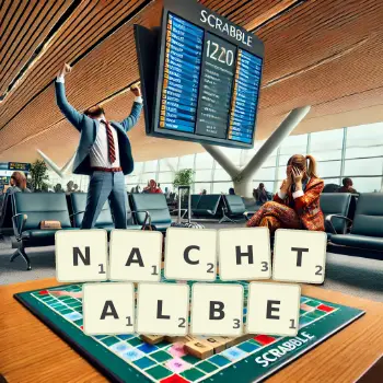 Kreative Illustration für ein Scrabble-Spiel, bei dem das Wort NACHTALBE mit Steinen auf dem Brett gelegt wurde.