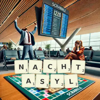 Kreative Illustration für ein Scrabble-Spiel, bei dem das Wort NACHTASYL mit Steinen auf dem Brett gelegt wurde.