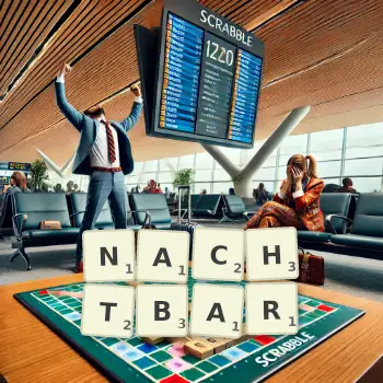 Kreative Illustration für ein Scrabble-Spiel, bei dem das Wort NACHTBAR mit Steinen auf dem Brett gelegt wurde.