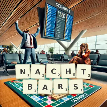 Kreative Illustration für ein Scrabble-Spiel, bei dem das Wort NACHTBARS mit Steinen auf dem Brett gelegt wurde.
