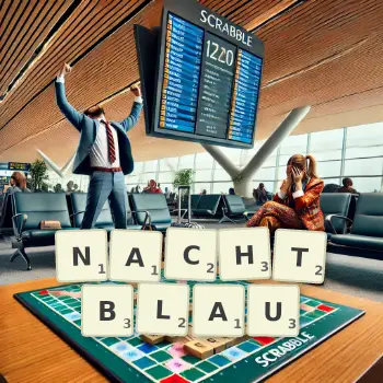 Kreative Illustration für ein Scrabble-Spiel, bei dem das Wort NACHTBLAU mit Steinen auf dem Brett gelegt wurde.