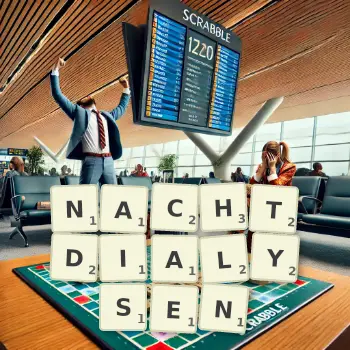 Kreative Illustration für ein Scrabble-Spiel, bei dem das Wort NACHTDIALYSEN mit Steinen auf dem Brett gelegt wurde.