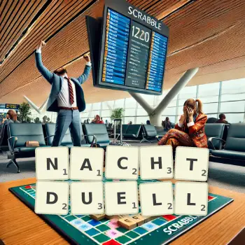 Kreative Illustration für ein Scrabble-Spiel, bei dem das Wort NACHTDUELL mit Steinen auf dem Brett gelegt wurde.