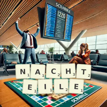 Kreative Illustration für ein Scrabble-Spiel, bei dem das Wort NACHTEILE mit Steinen auf dem Brett gelegt wurde.