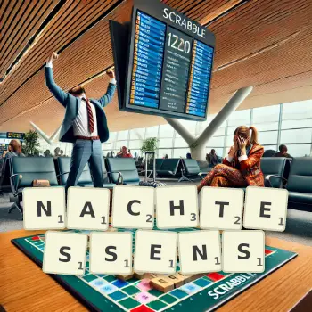 Kreative Illustration für ein Scrabble-Spiel, bei dem das Wort NACHTESSENS mit Steinen auf dem Brett gelegt wurde.