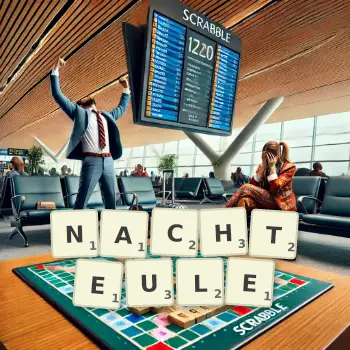 Kreative Illustration für ein Scrabble-Spiel, bei dem das Wort NACHTEULE mit Steinen auf dem Brett gelegt wurde.
