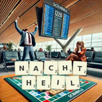 Kreative Illustration für ein Scrabble-Spiel, bei dem das Wort NACHTHEIL mit Steinen auf dem Brett gelegt wurde.