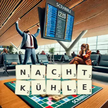 Kreative Illustration für ein Scrabble-Spiel, bei dem das Wort NACHTKÜHLE mit Steinen auf dem Brett gelegt wurde.