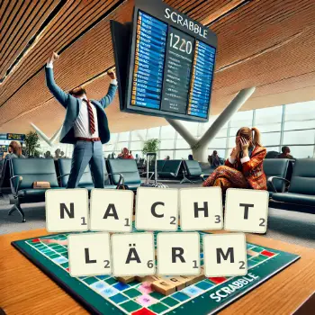 Kreative Illustration für ein Scrabble-Spiel, bei dem das Wort NACHTLÄRM mit Steinen auf dem Brett gelegt wurde.