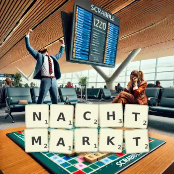Kreative Illustration für ein Scrabble-Spiel, bei dem das Wort NACHTMARKT mit Steinen auf dem Brett gelegt wurde.