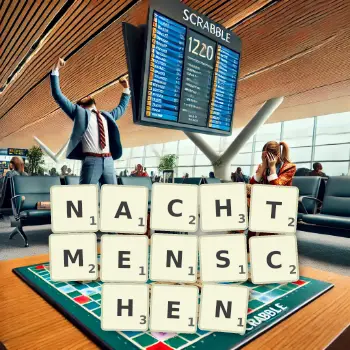 Kreative Illustration für ein Scrabble-Spiel, bei dem das Wort NACHTMENSCHEN mit Steinen auf dem Brett gelegt wurde.