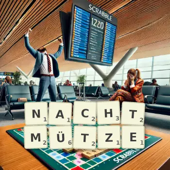 Kreative Illustration für ein Scrabble-Spiel, bei dem das Wort NACHTMÜTZE mit Steinen auf dem Brett gelegt wurde.