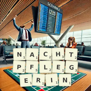 Kreative Illustration für ein Scrabble-Spiel, bei dem das Wort NACHTPFLEGERIN mit Steinen auf dem Brett gelegt wurde.