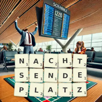 Kreative Illustration für ein Scrabble-Spiel, bei dem das Wort NACHTSENDEPLATZ mit Steinen auf dem Brett gelegt wurde.