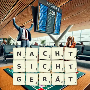 Kreative Illustration für ein Scrabble-Spiel, bei dem das Wort NACHTSICHTGERÄT mit Steinen auf dem Brett gelegt wurde.
