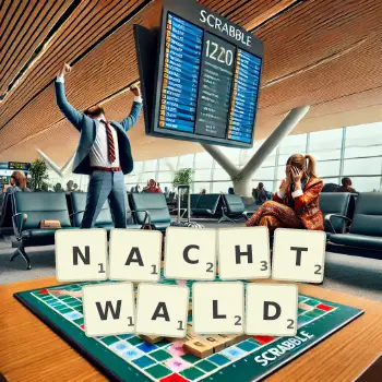 Kreative Illustration für ein Scrabble-Spiel, bei dem das Wort NACHTWALD mit Steinen auf dem Brett gelegt wurde.
