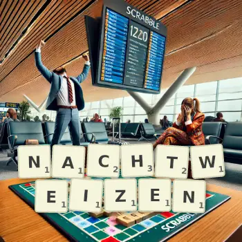 Kreative Illustration für ein Scrabble-Spiel, bei dem das Wort NACHTWEIZEN mit Steinen auf dem Brett gelegt wurde.