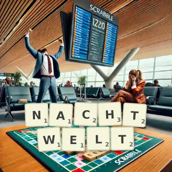 Kreative Illustration für ein Scrabble-Spiel, bei dem das Wort NACHTWELT mit Steinen auf dem Brett gelegt wurde.