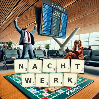 Kreative Illustration für ein Scrabble-Spiel, bei dem das Wort NACHTWERK mit Steinen auf dem Brett gelegt wurde.
