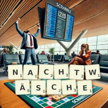 Kreative Illustration für ein Scrabble-Spiel, bei dem das Wort NACHTWÄSCHE mit Steinen auf dem Brett gelegt wurde.
