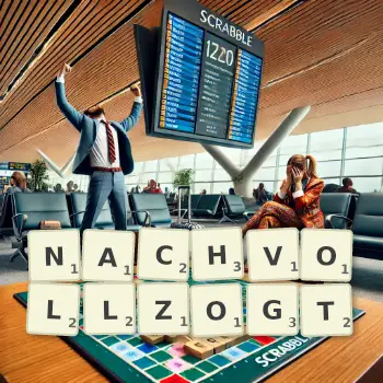 Kreative Illustration für ein Scrabble-Spiel, bei dem das Wort NACHVOLLZOGT mit Steinen auf dem Brett gelegt wurde.
