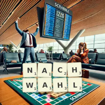 Kreative Illustration für ein Scrabble-Spiel, bei dem das Wort NACHWAHL mit Steinen auf dem Brett gelegt wurde.