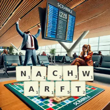 Kreative Illustration für ein Scrabble-Spiel, bei dem das Wort NACHWARFT mit Steinen auf dem Brett gelegt wurde.