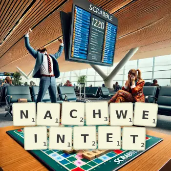 Kreative Illustration für ein Scrabble-Spiel, bei dem das Wort NACHWEINTET mit Steinen auf dem Brett gelegt wurde.